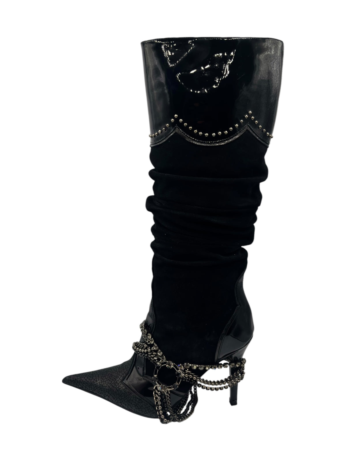 Black knee-high boot with glossy finish, ruched shaft, and chain ankle strap