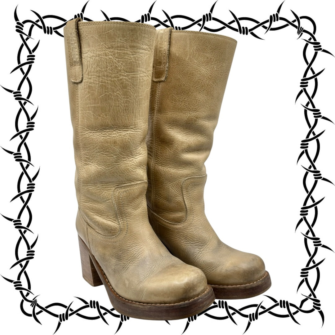Vintage Destroy beige knee high block platform leather boots