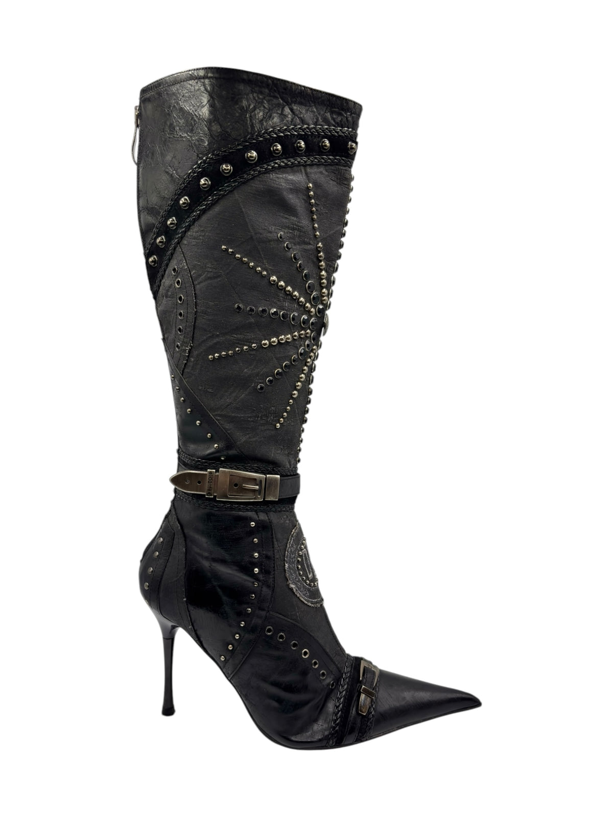 Black knee-high boots with top buckle strap and studded panel detailing, stiletto heel