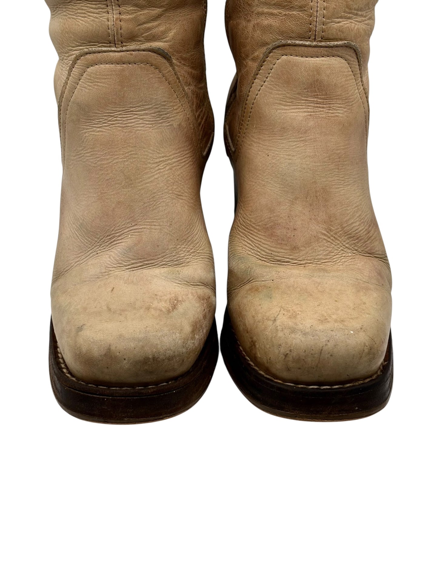 Vintage Destroy beige knee high block platform leather boots