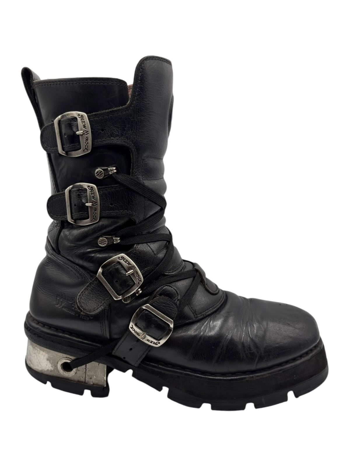 Black leather mid-calf boots with multiple silver buckles and rugged tread sole