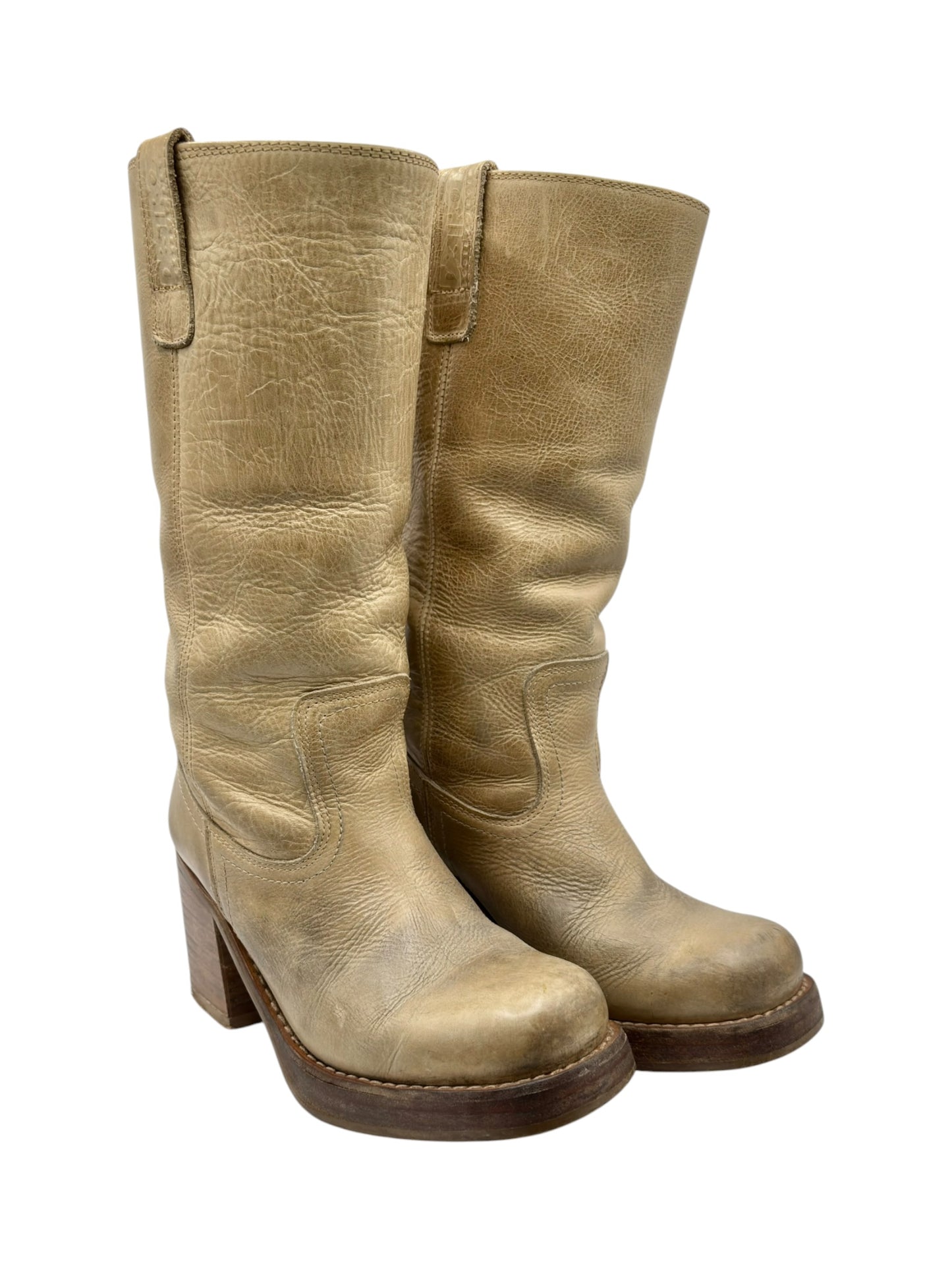 Vintage Destroy beige knee high block platform leather boots