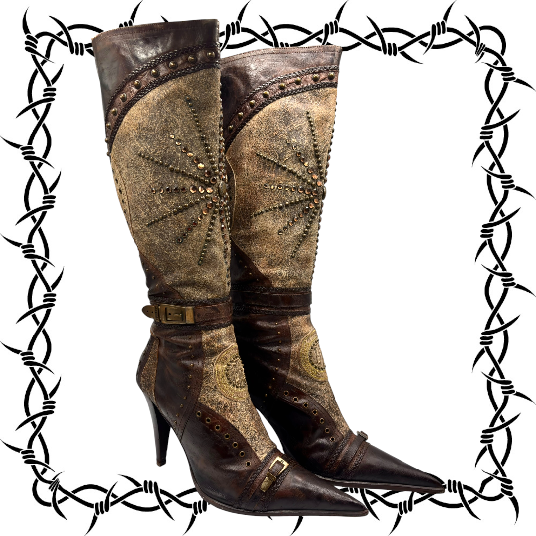 Knee-high vintage leather boots with studded panels, decorative lacing, and high heel