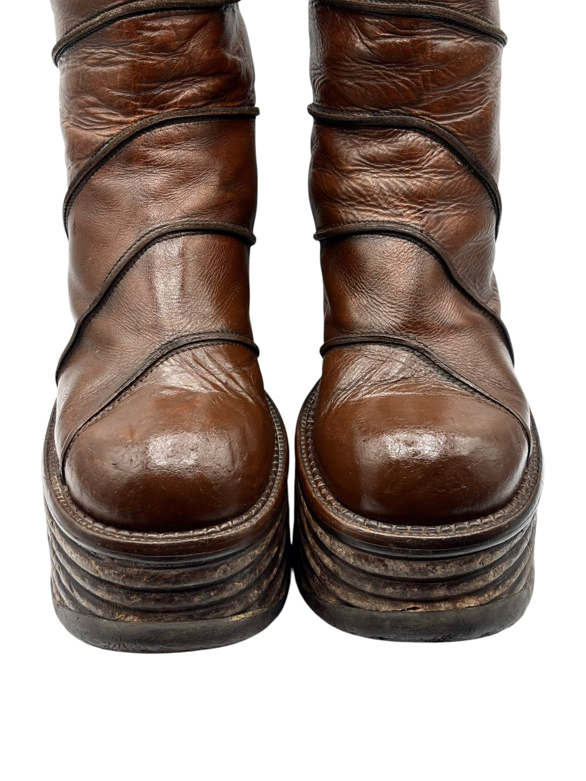 El Dantes vintage brown mid-calf leather platform boots, wrap panels, stacked soles