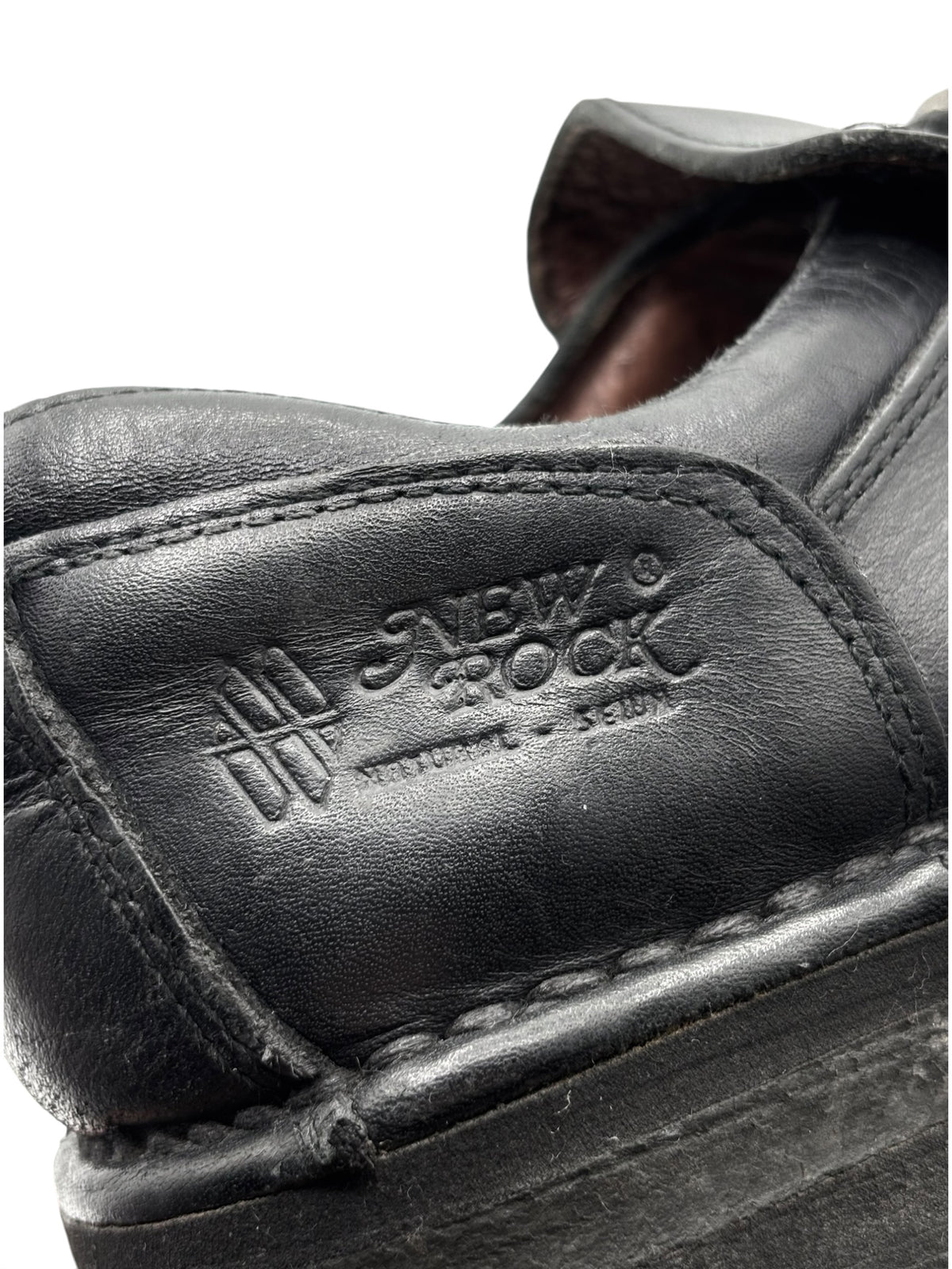 Vintage New Rock leather loafer heel with embossed 'New Rock' logo stamp