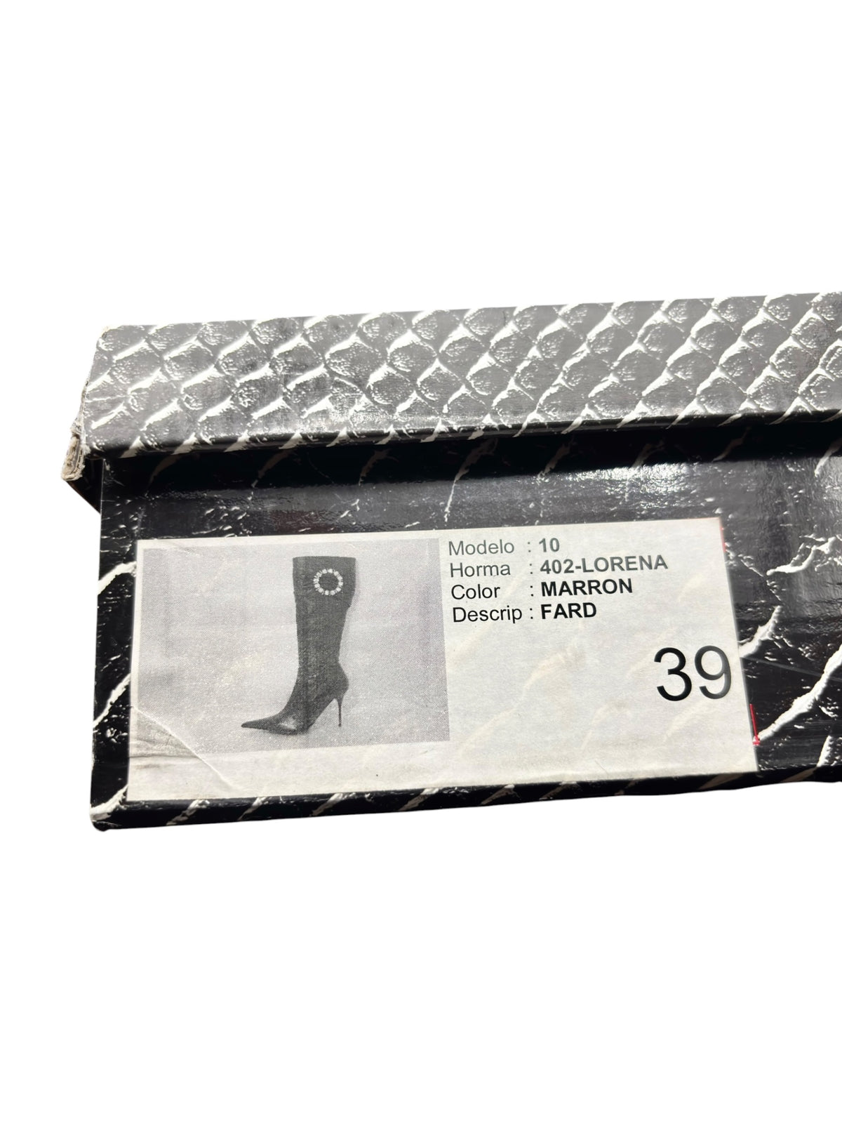 Vintage knee-high leather boots size label tag on underside, marked 39