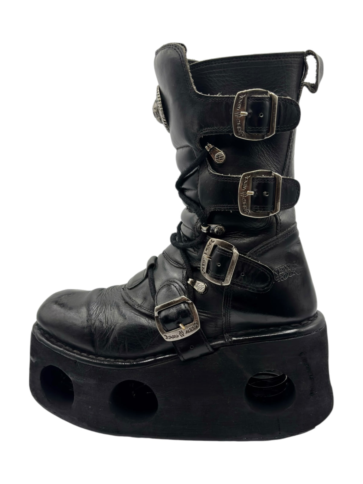 Black mid-calf platform boot with buckle straps and lace-up front