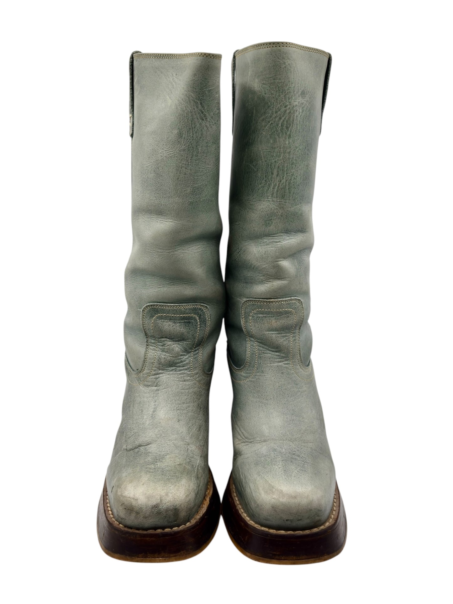 Vintage Destroy green block platform leather boots