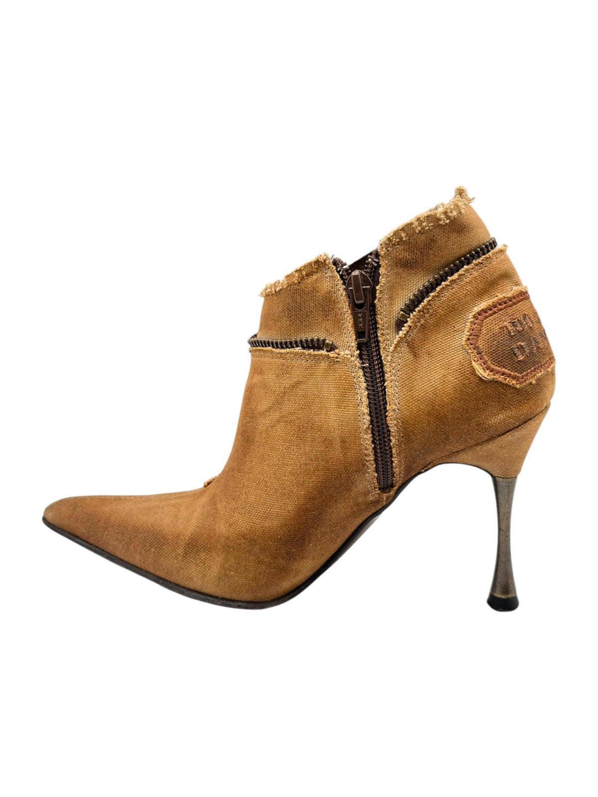 Tan ankle boots with high heels, side zipper and textured outer patch detail