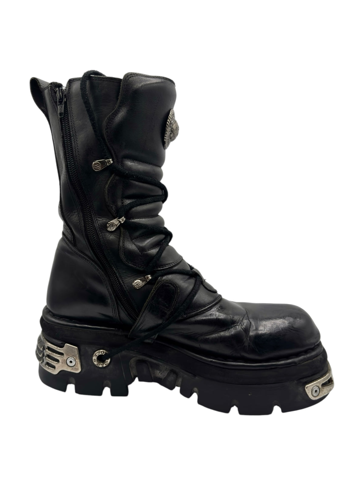 Black mid-calf reactor boots with lace-up front and side zipper panel
