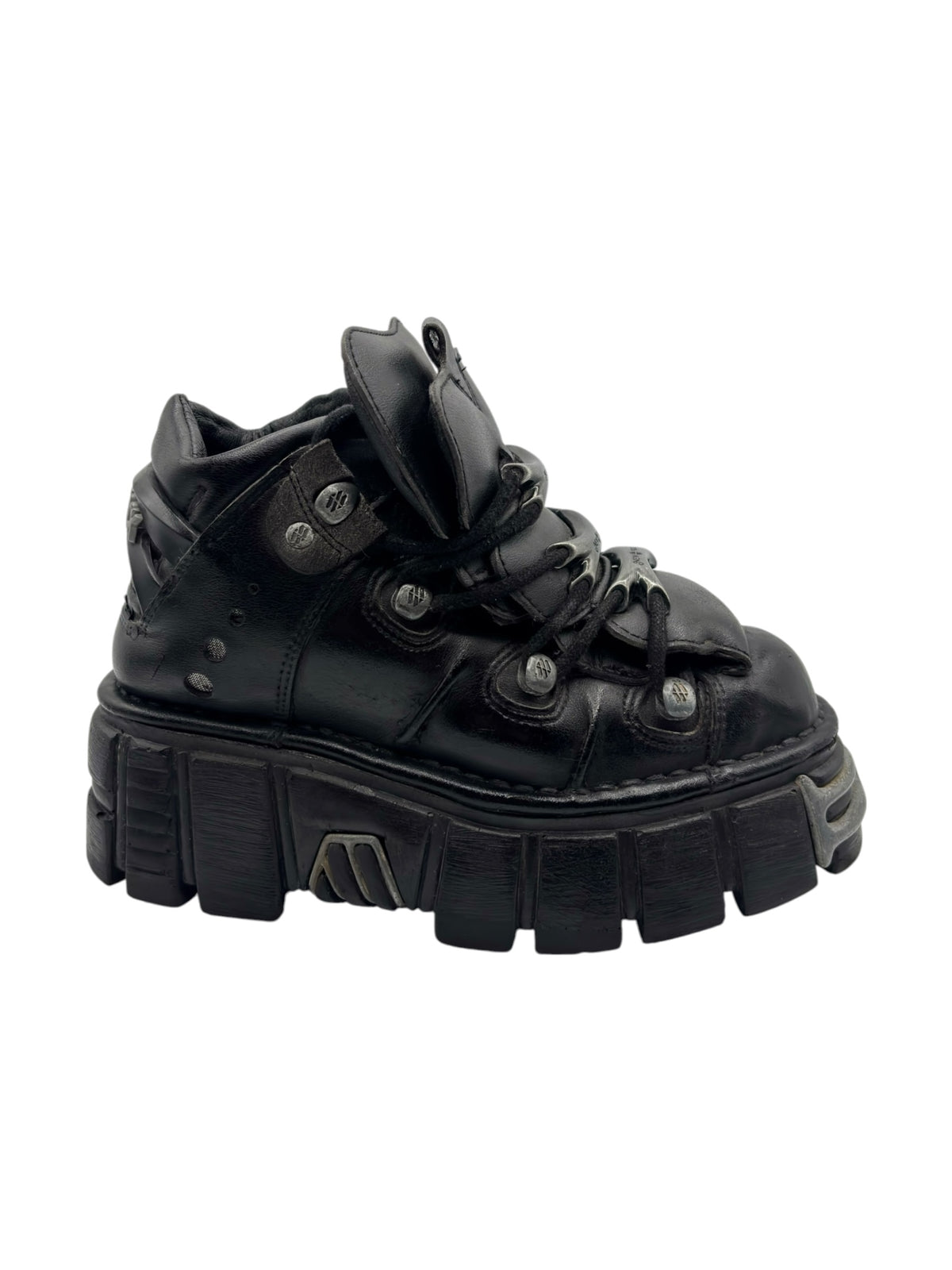 New Rock black platform boots side view with layered sole and lace-up eyelets