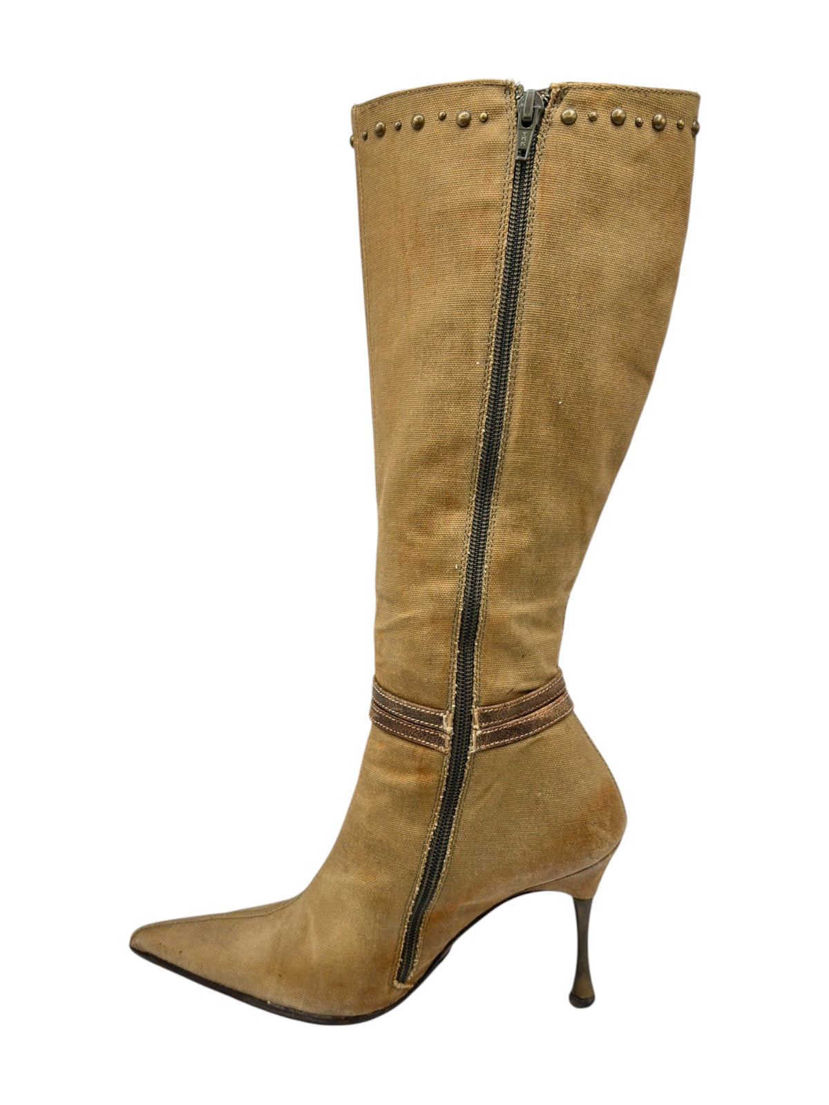 Front view of tan knee-high boots with slim heel and side zipper
