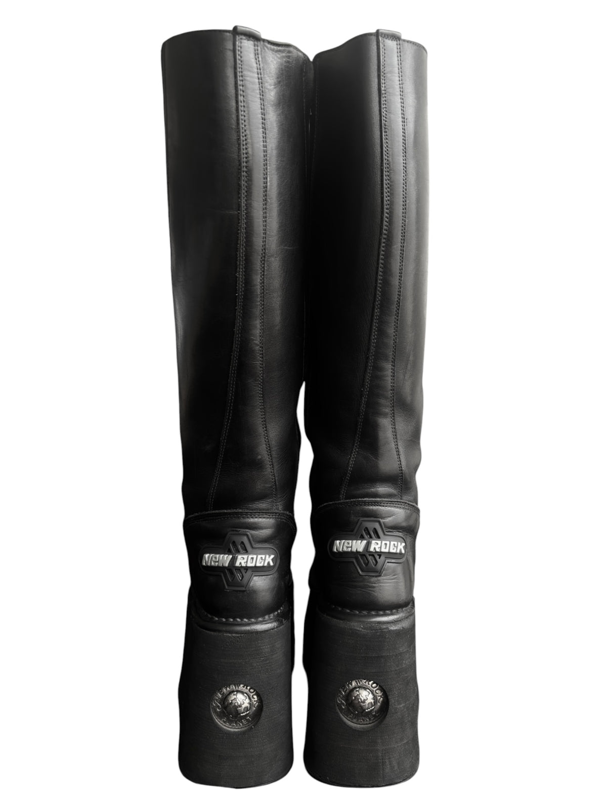 Knee-high platform boots pair, New Rock heel patches on thick soles