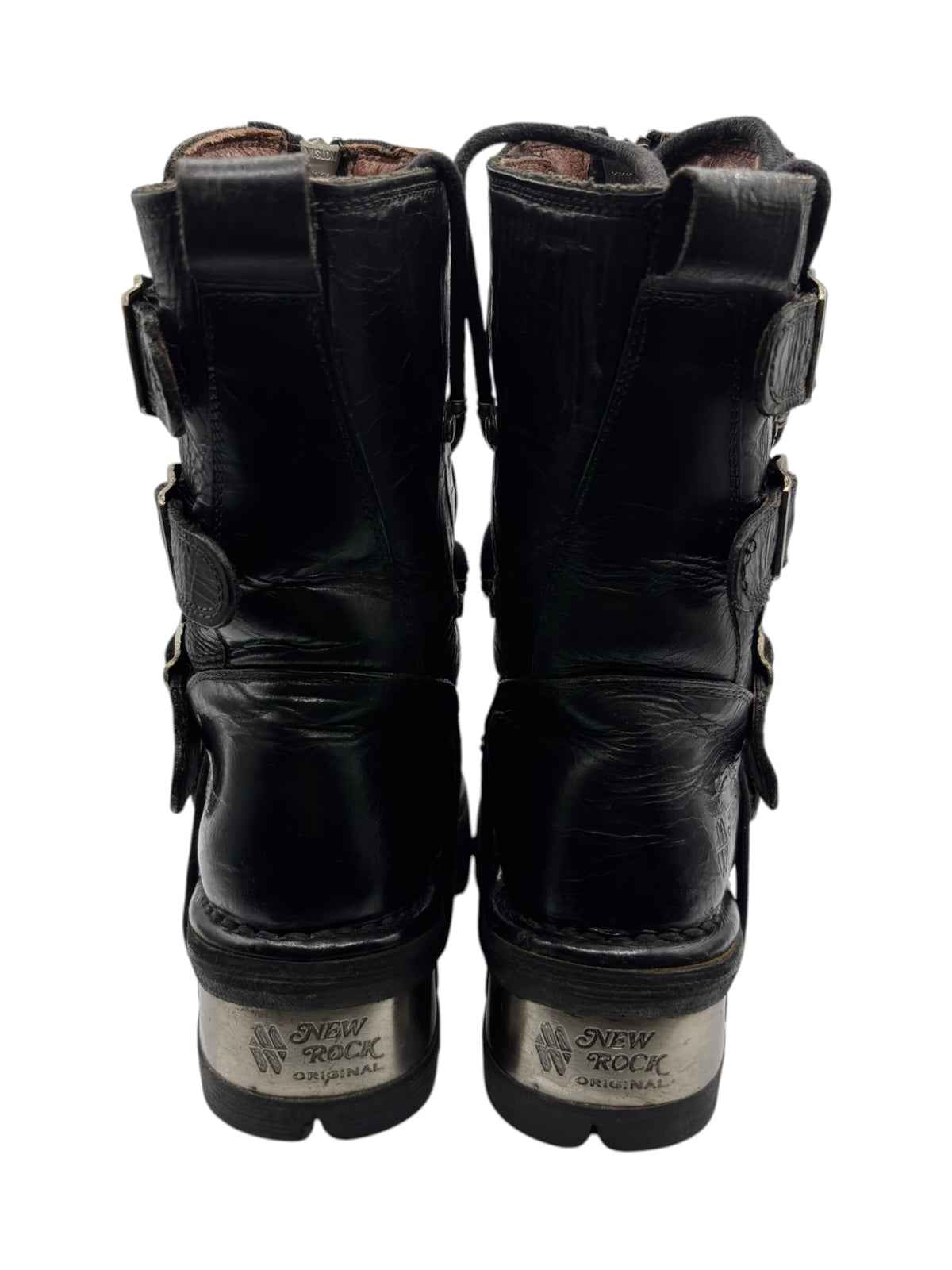 New Rock mid-calf leather boots back view with buckle straps and heel branding