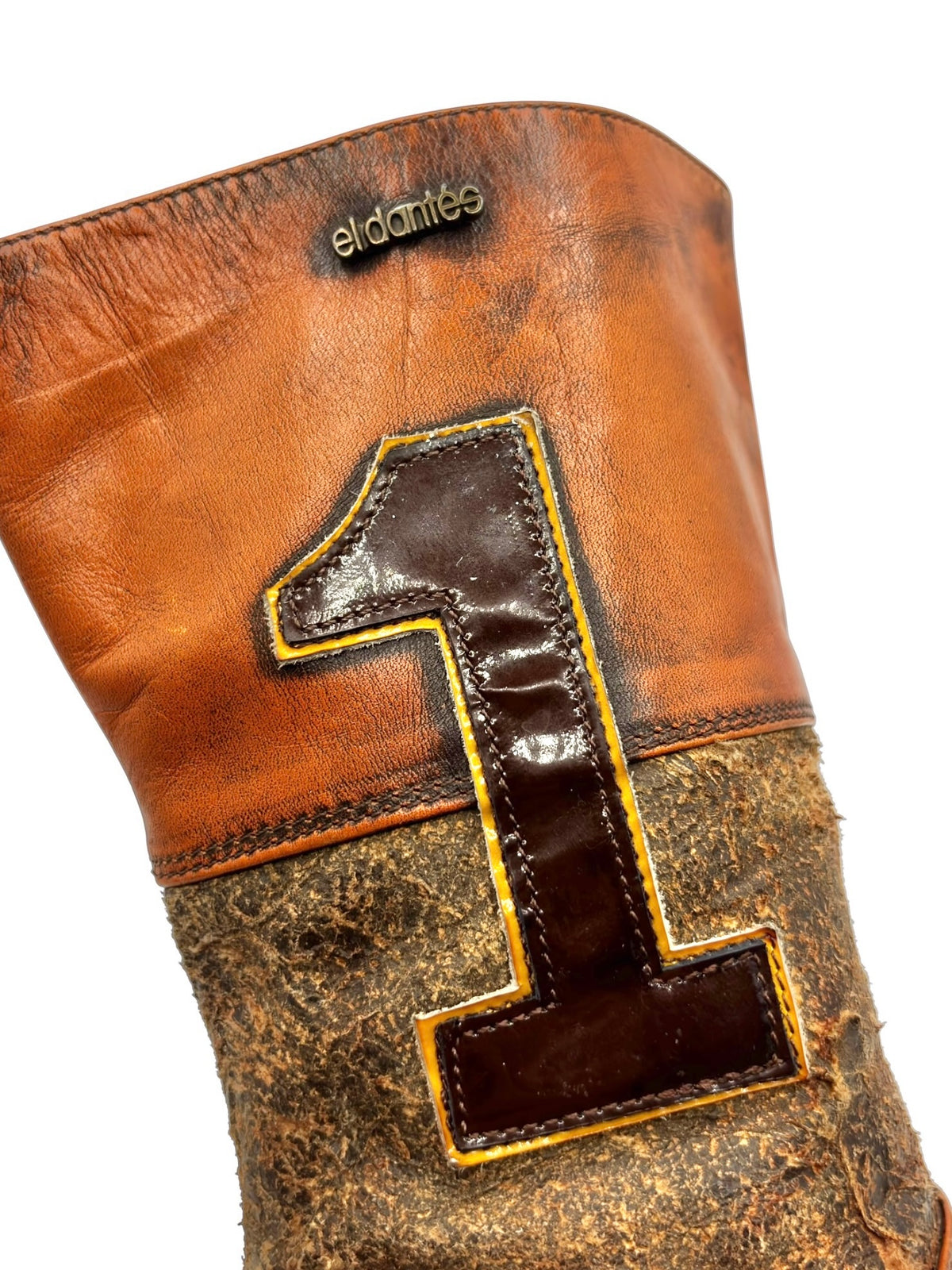 Vintage El Dantes orange leather heel boot with stitched number 1 patch