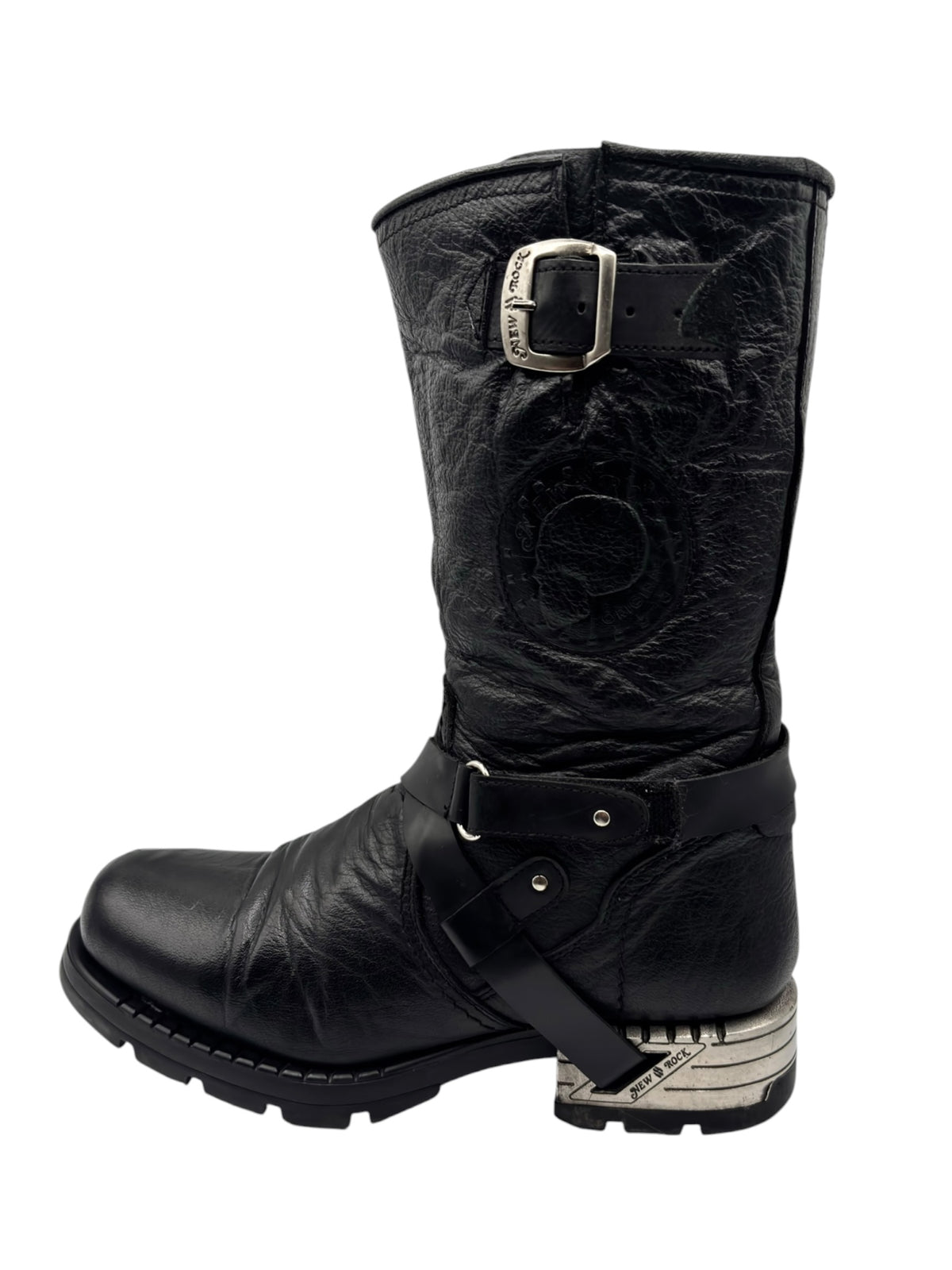 Black leather biker boots with buckle strap and thick tread sole