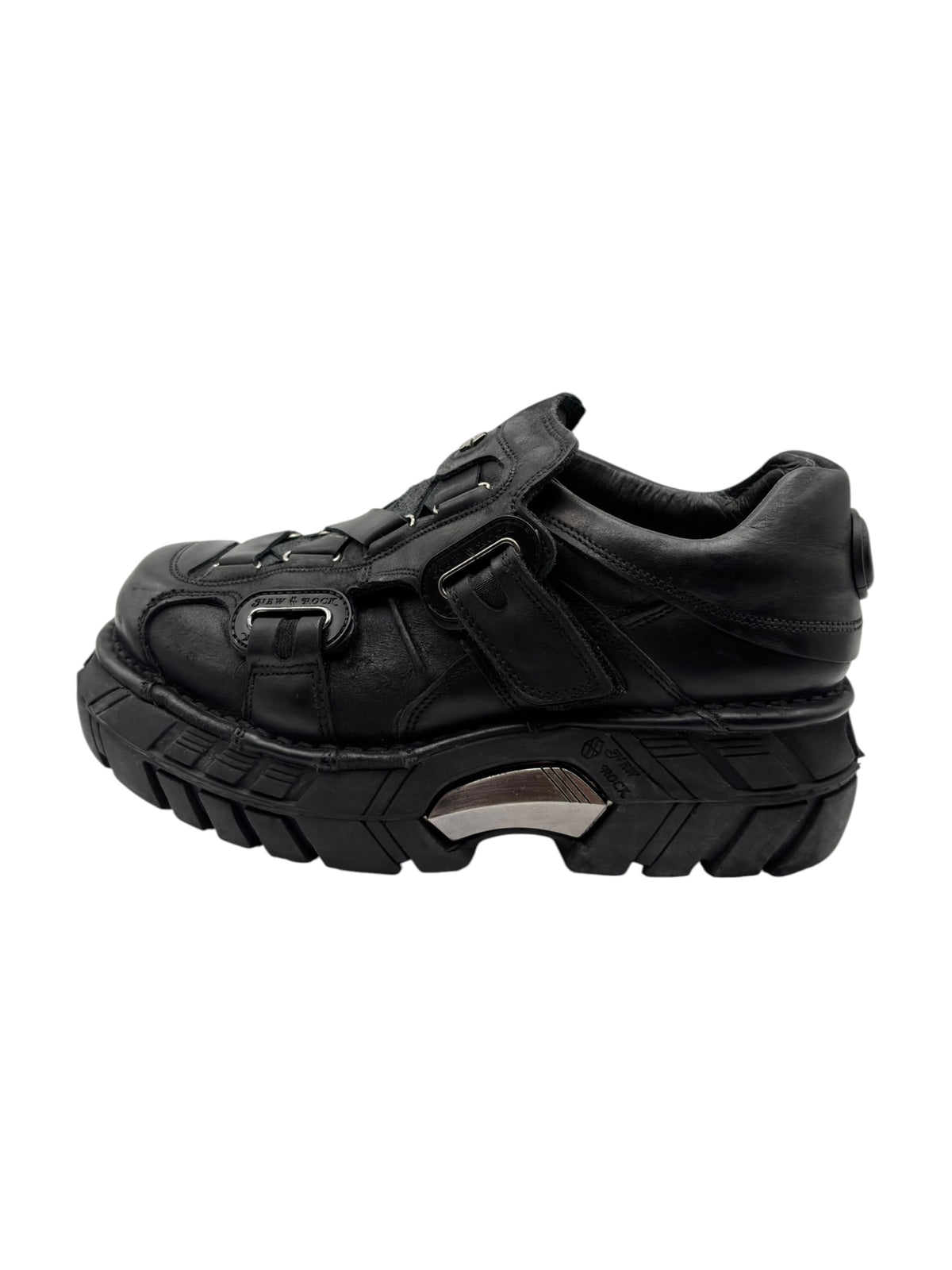 Black New Rock platform boots side view with hook-and-loop strap and thick tread sole