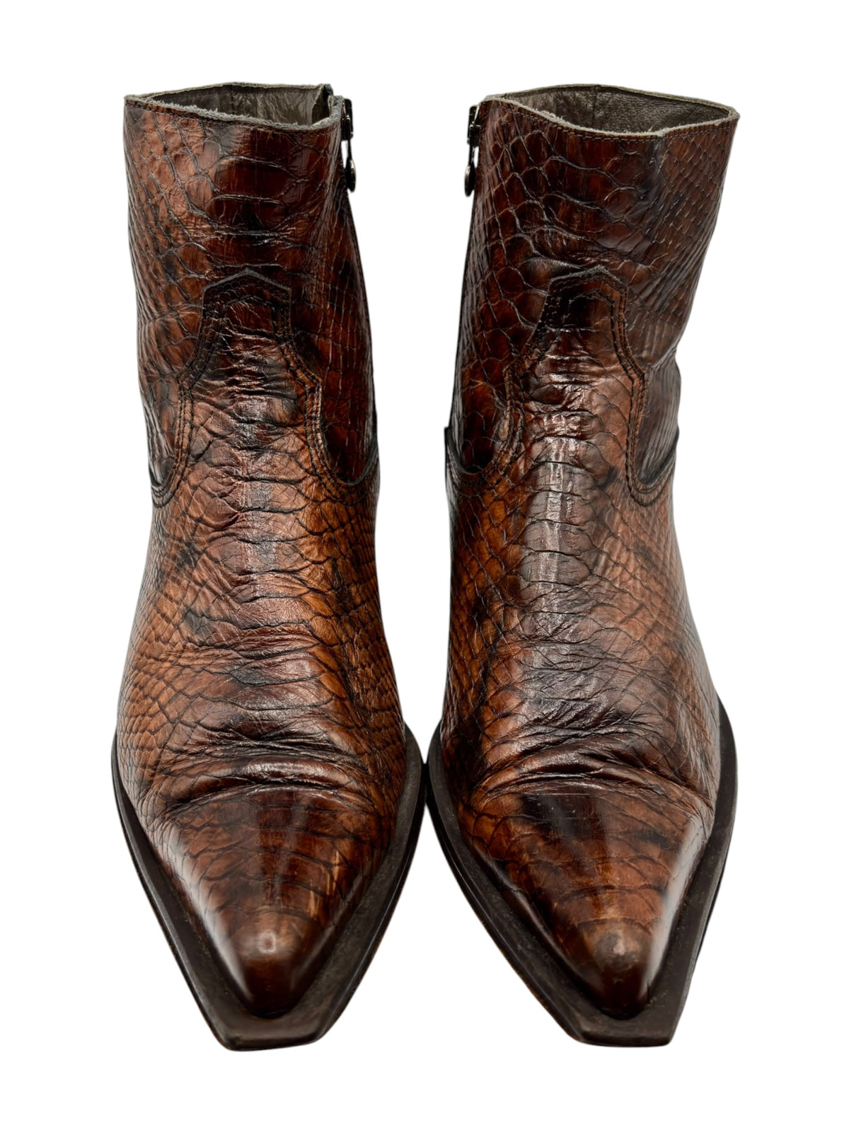 Pair of brown snake-pattern cowboy boots with black side zipper and pointed toe
