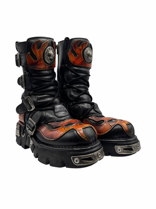 New Rock vintage mid-calf flame reactor boots, black leather with orange flame panels
