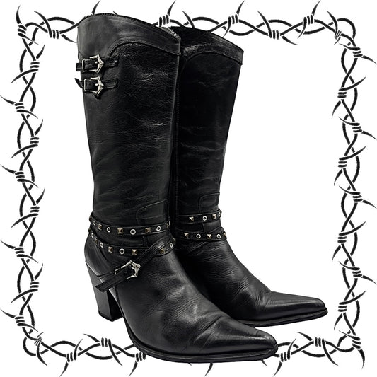 Vintage Destroy knee high pointy leather boots