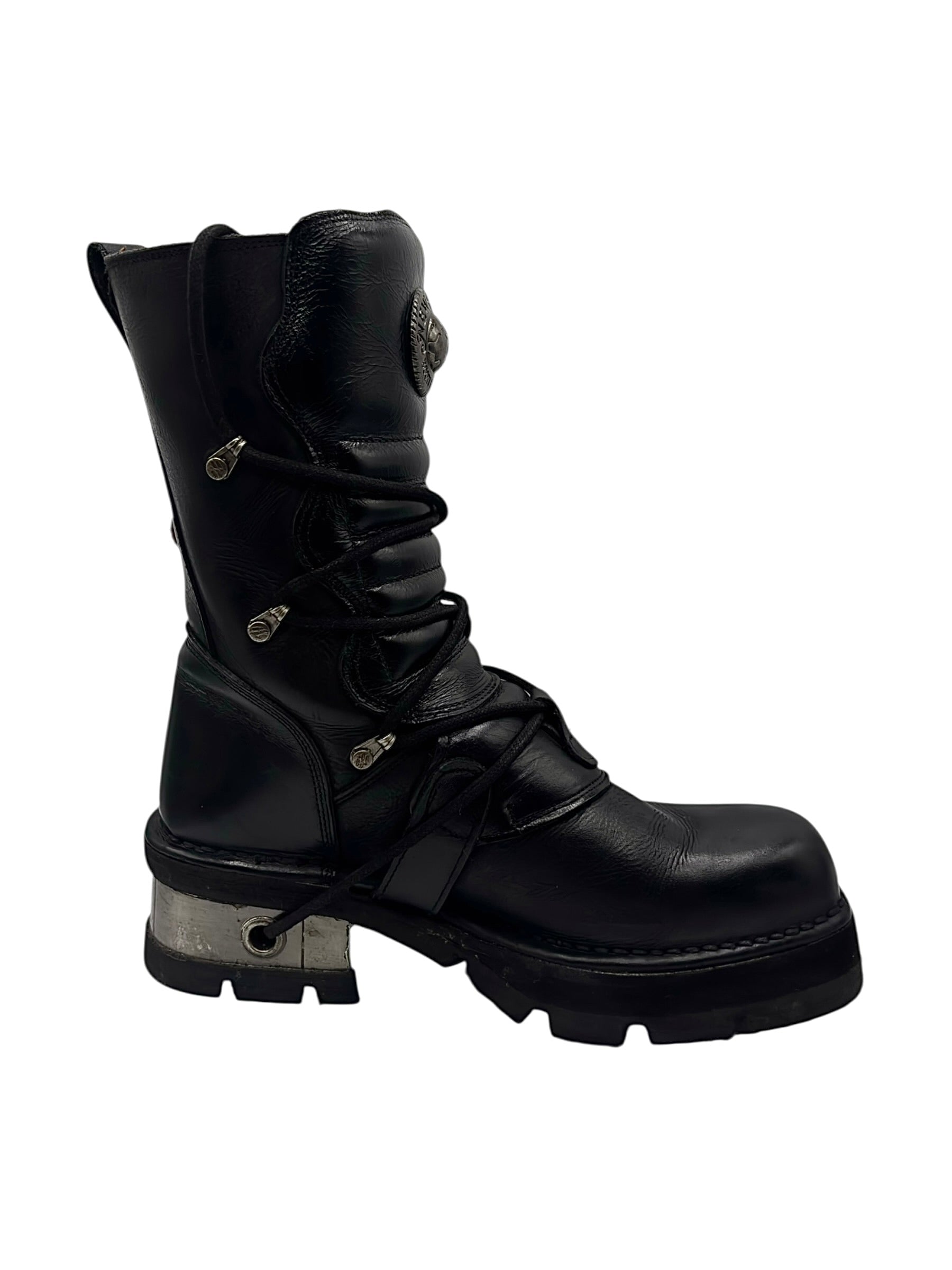 Vintage New Rock buckled raised-heel mid-calf leather boots size 42