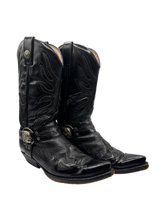 Black flame-embossed leather cowboy boots with side pull straps and stacked heel
