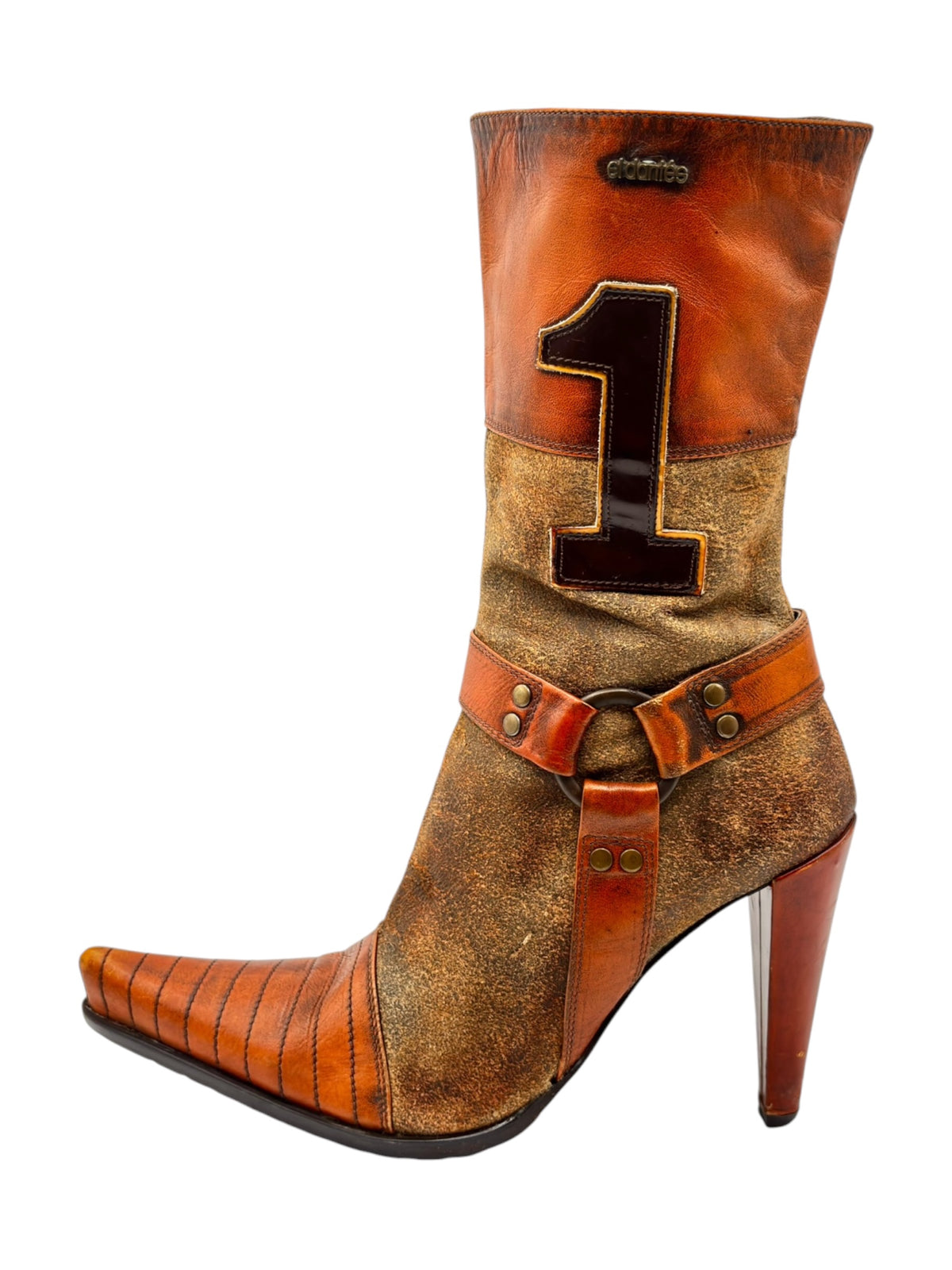 Vintage El Dantes leather ankle boot heels with large embroidered “1” patch