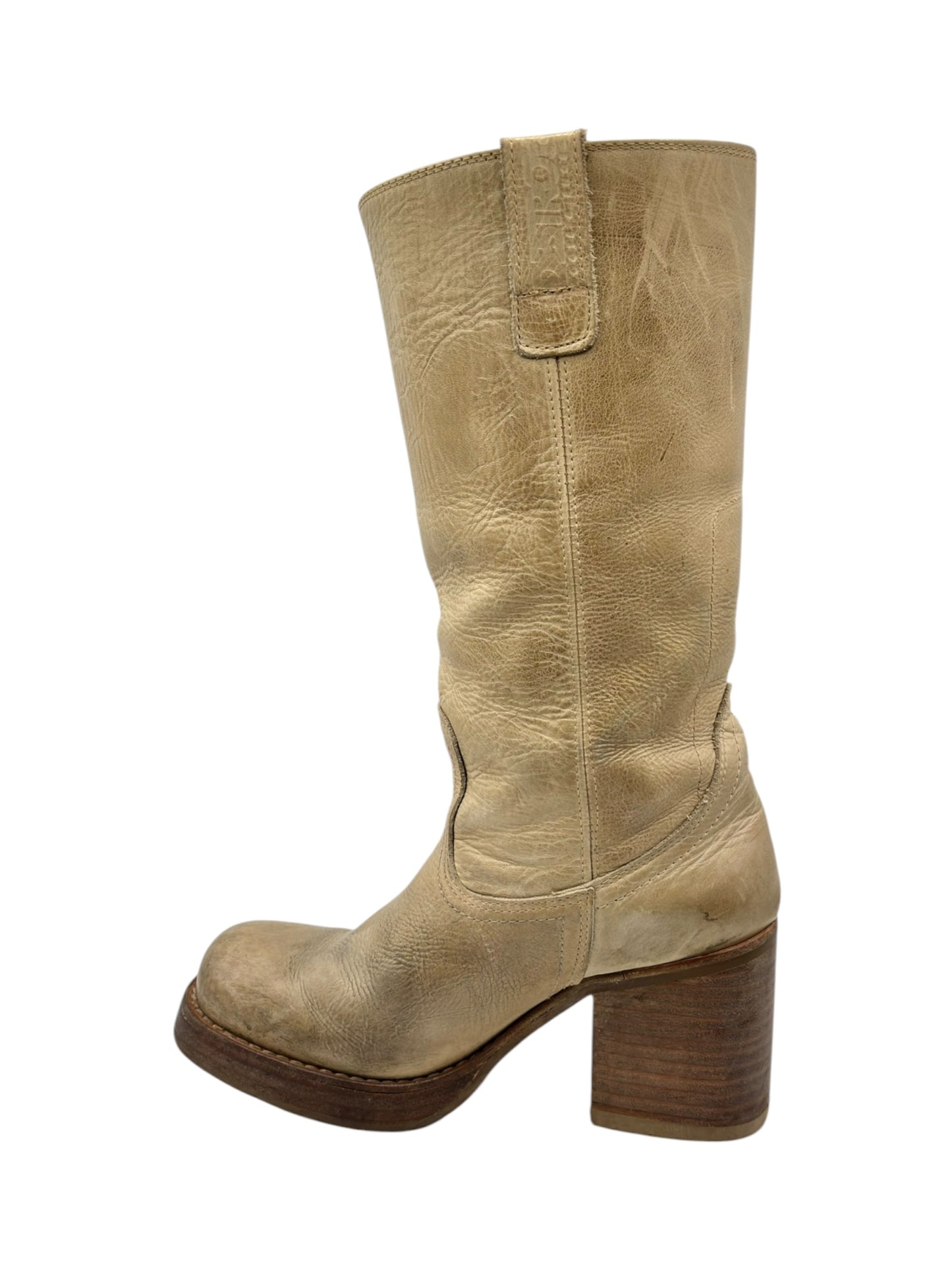 Vintage Destroy beige knee high block platform leather boots