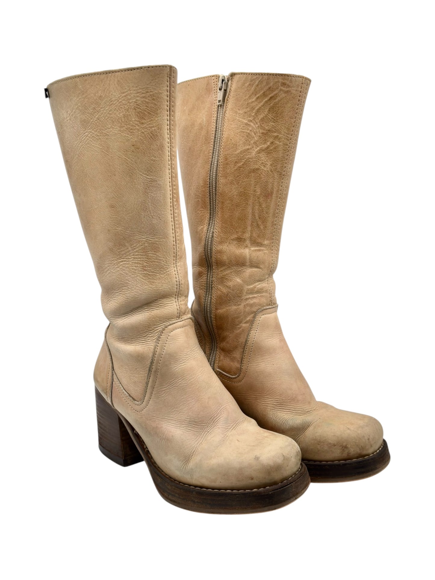 Vintage Destroy beige knee high block platform leather boots