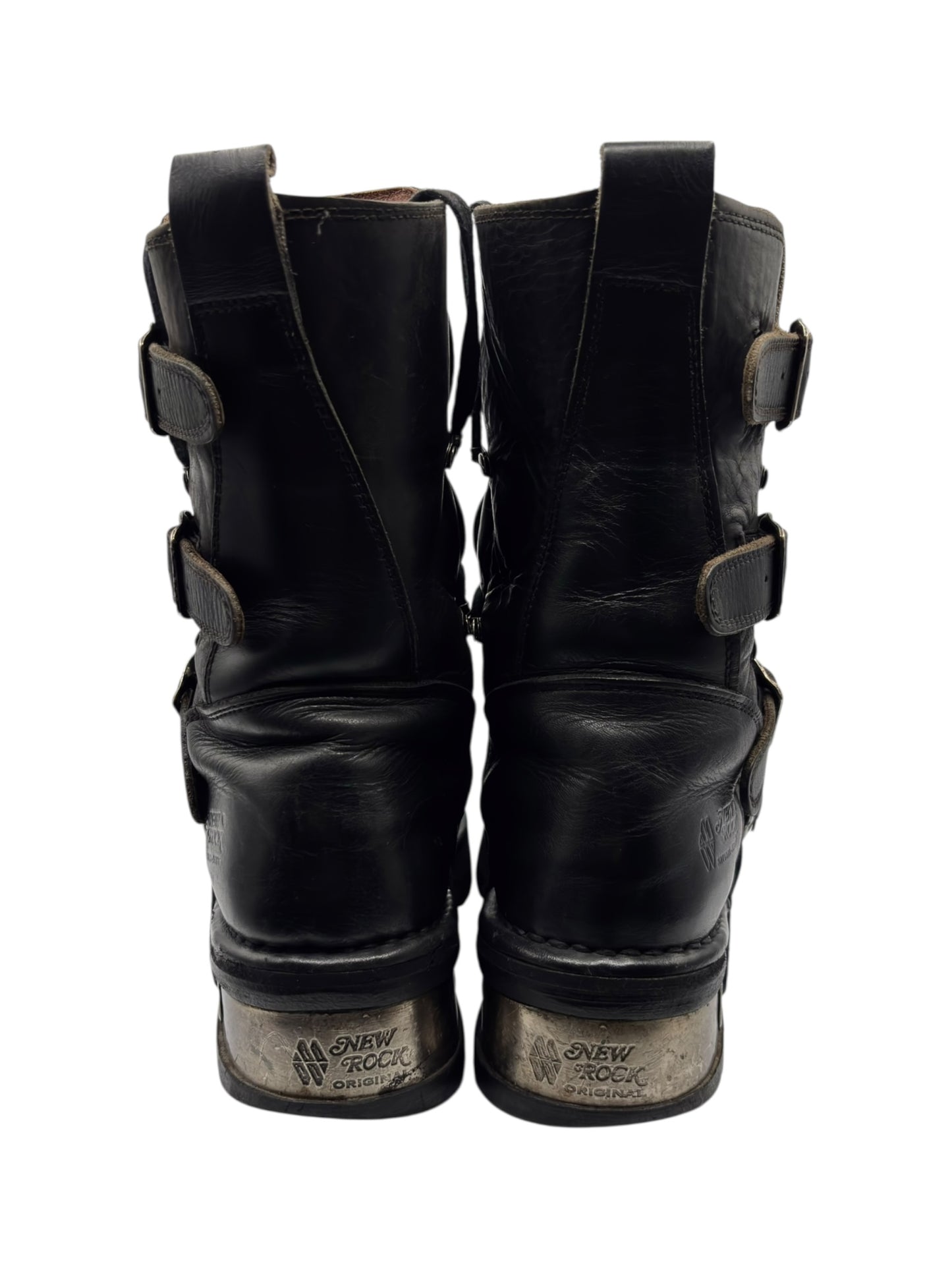 Vintage New Rock buckled raised-heel mid-calf leather boots