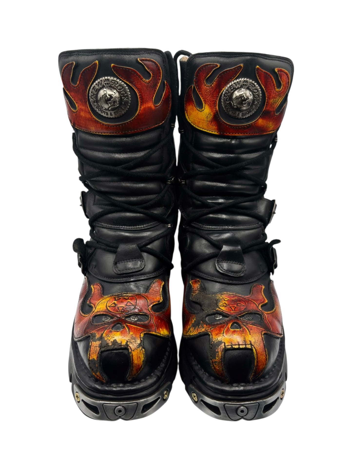 Vintage New Rock orange flame mid-calf reactor leather boots