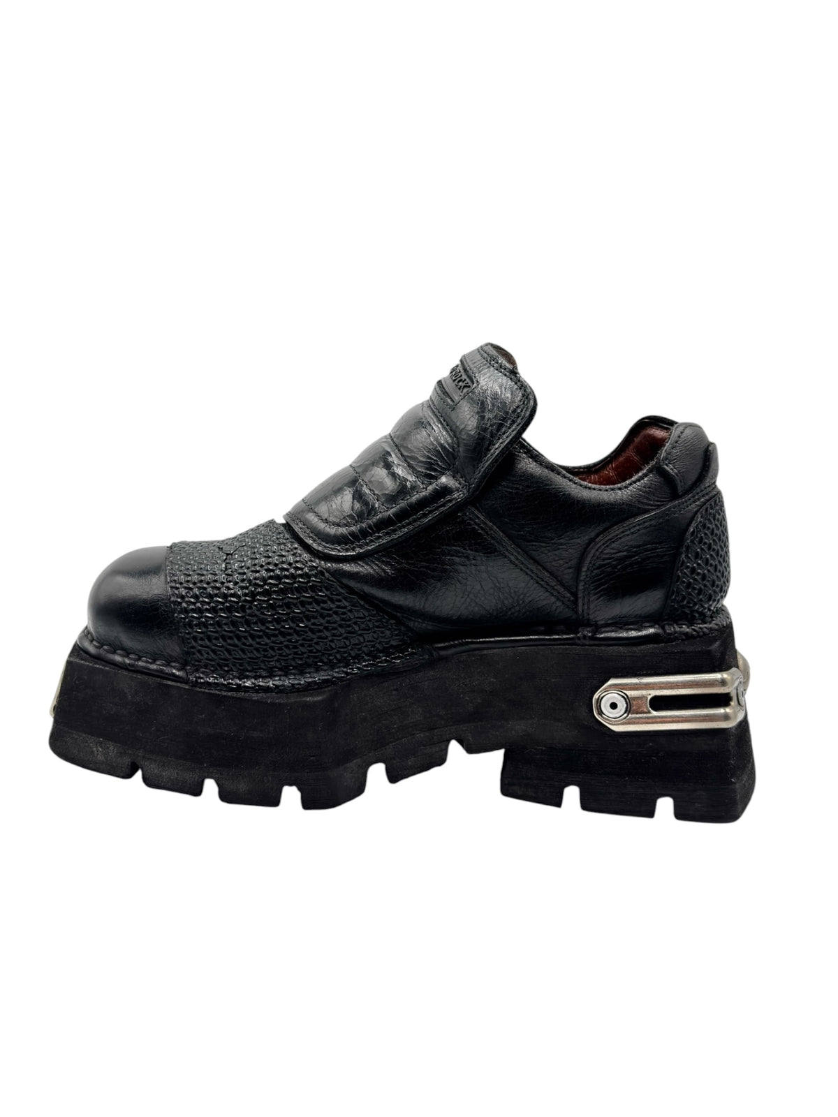 Vintage New Rock platform boots: black leather platform shoe with silver side strap