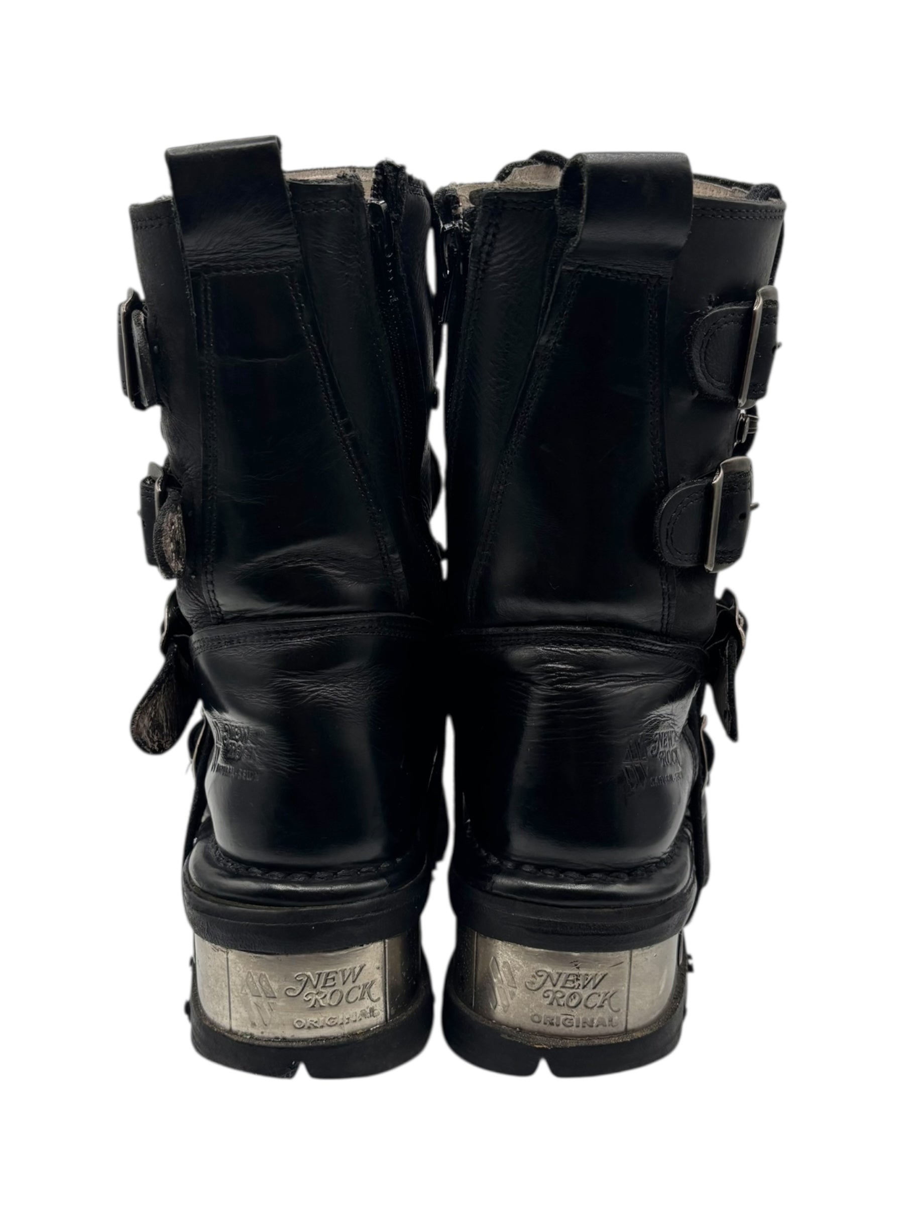 Vintage New Rock buckled raised-heel mid-calf leather boots size 37