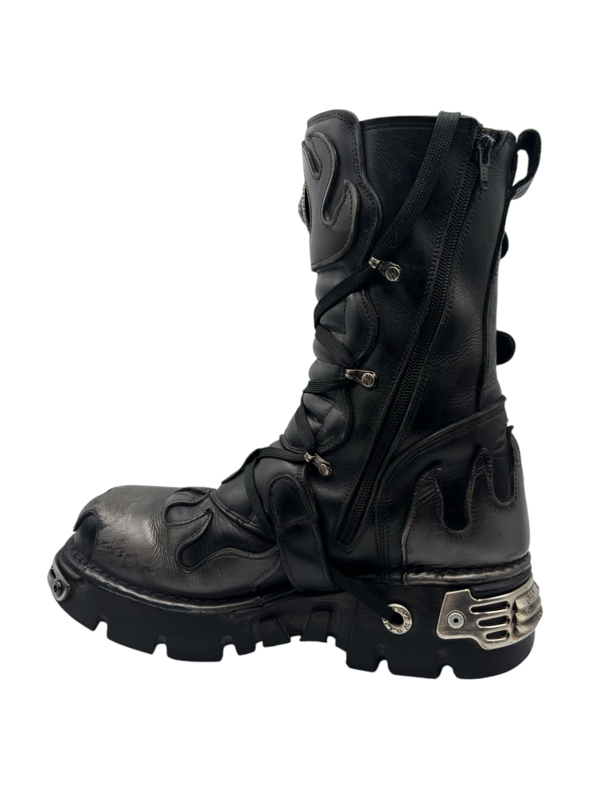 Black New Rock Reactor boots with laces, multiple buckles, and rugged tread sole.