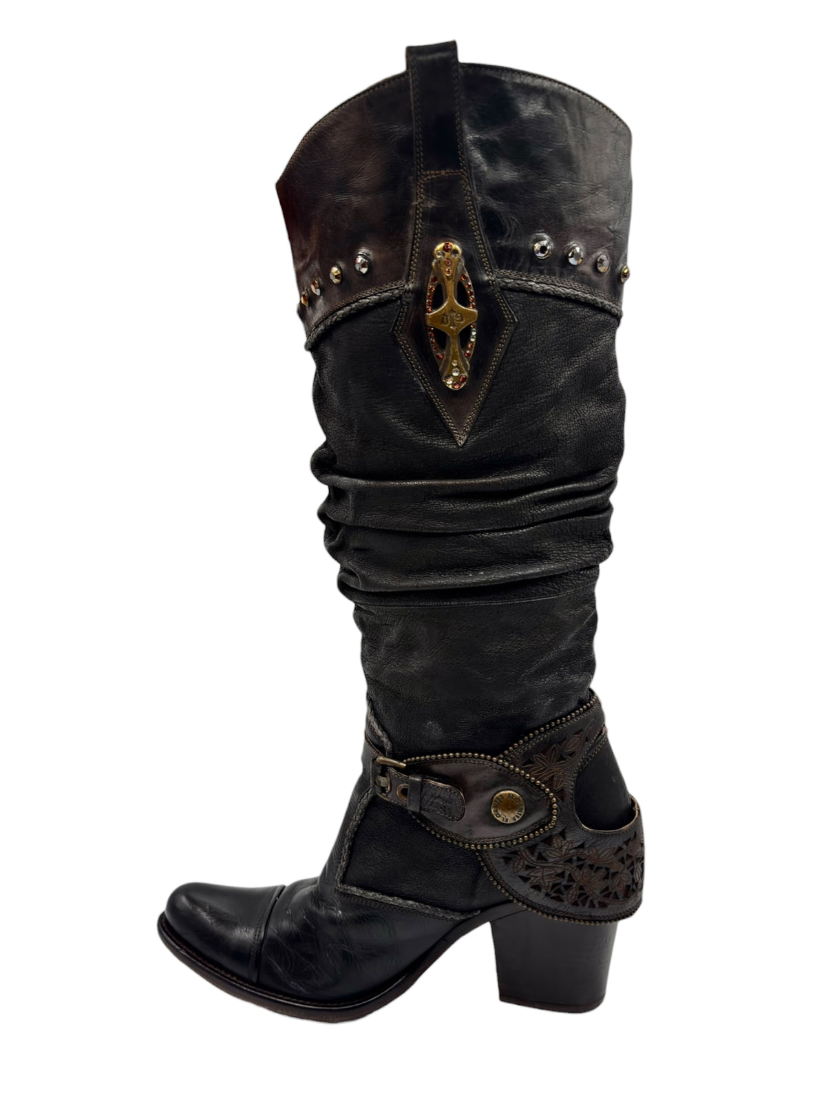 Vintage knee-high leather boots with ruched shaft, strap detail, and studbed side medallion