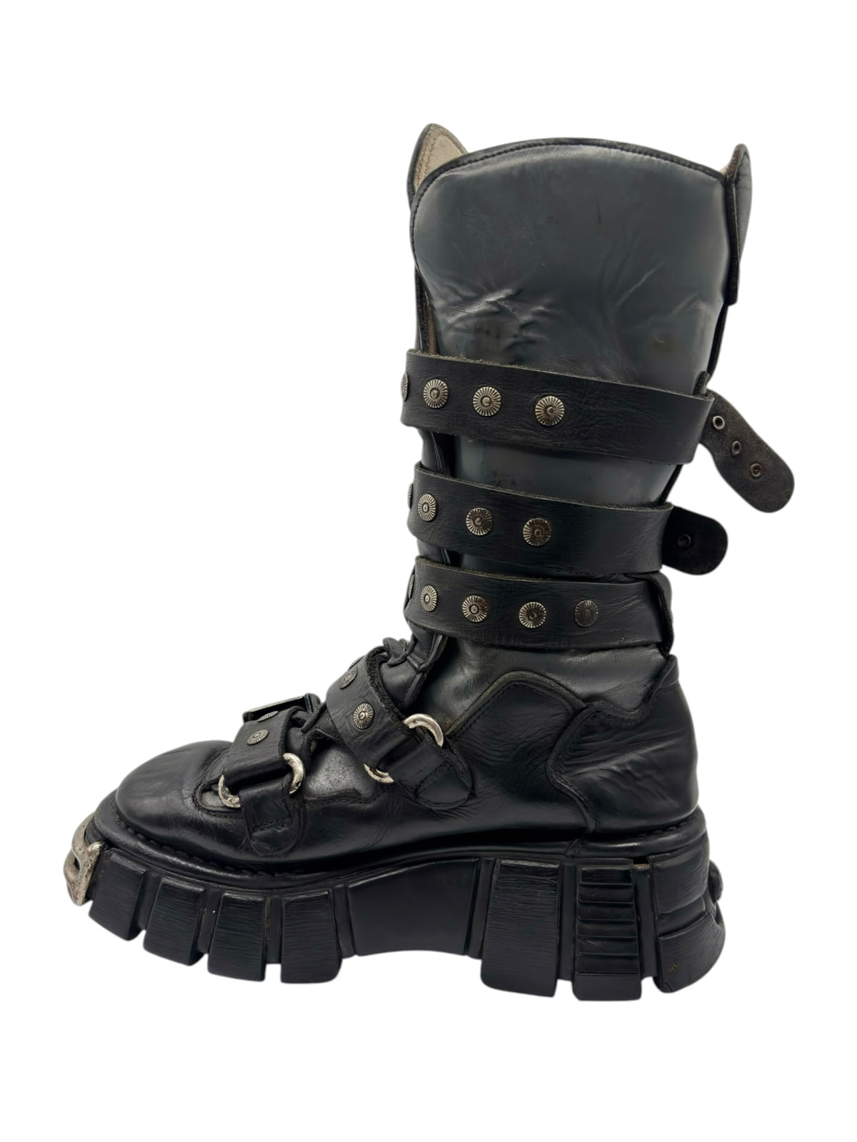 Black studded strap ankle boot with side buckle strap and chunky platform sole