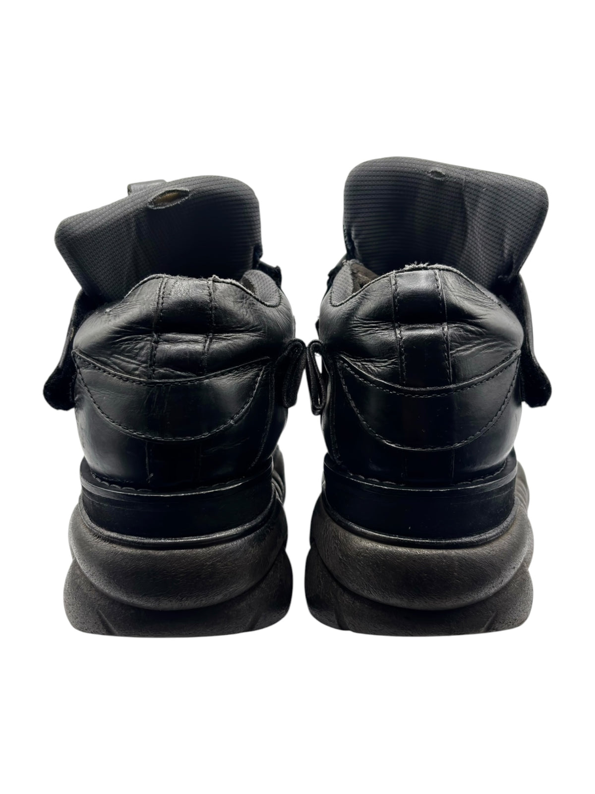Vintage Swear London platform boots back view, black heels with thick platform soles