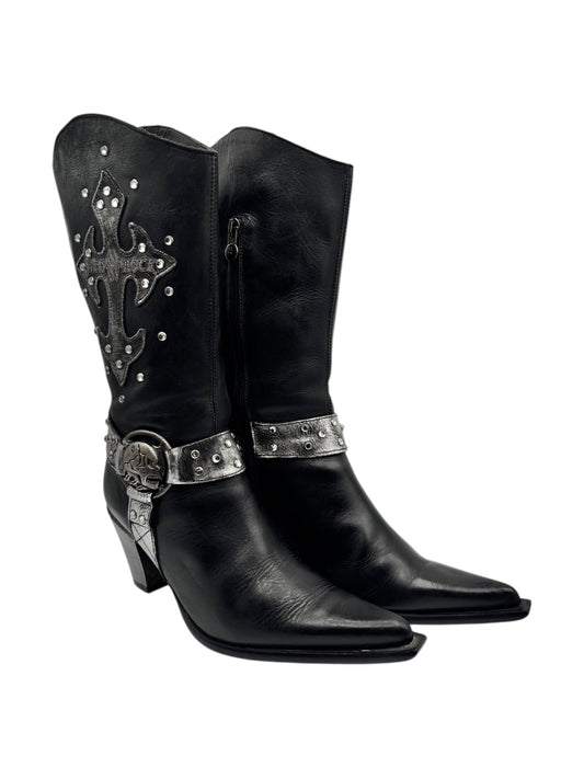 Black biker boots with silver studded flame graphic, side zipper, and stacked heel
