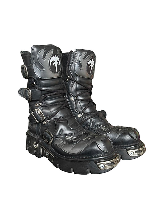 Vintage New Rock reactor-style boots, black leather with flame graphic panels
