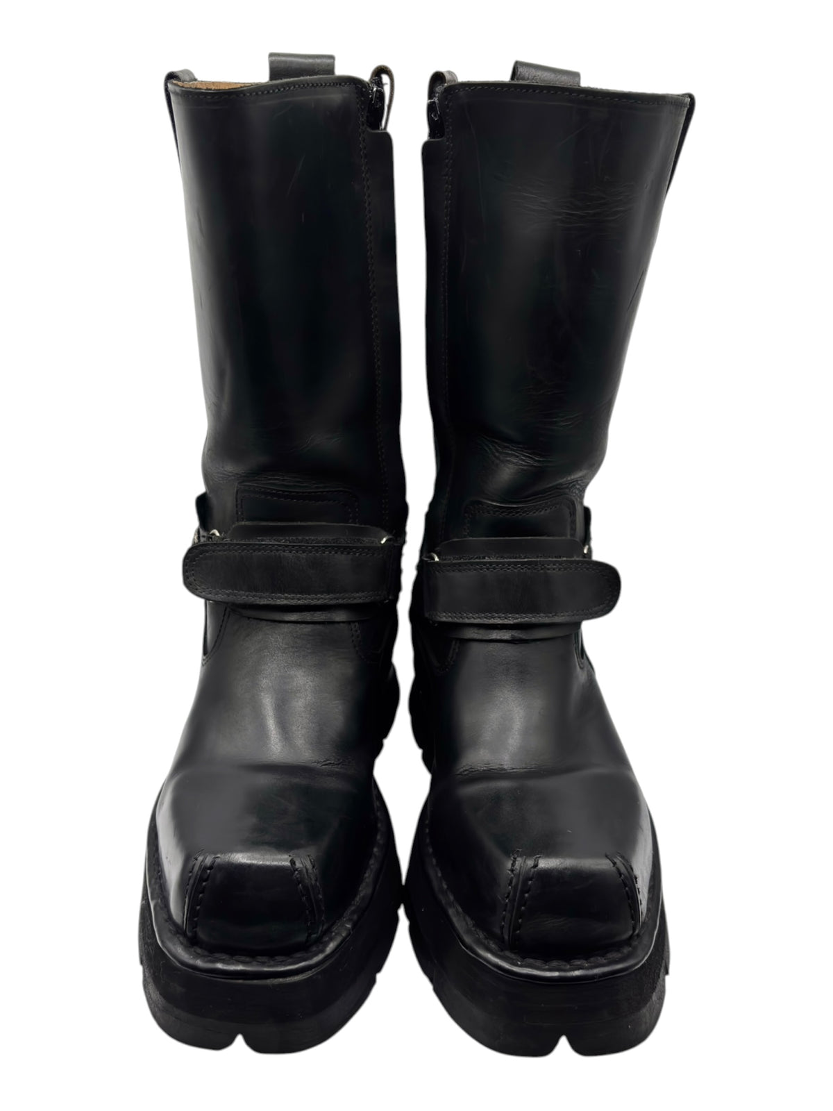 New Rock vintage black leather biker boots, side view with buckle strap and lug sole.