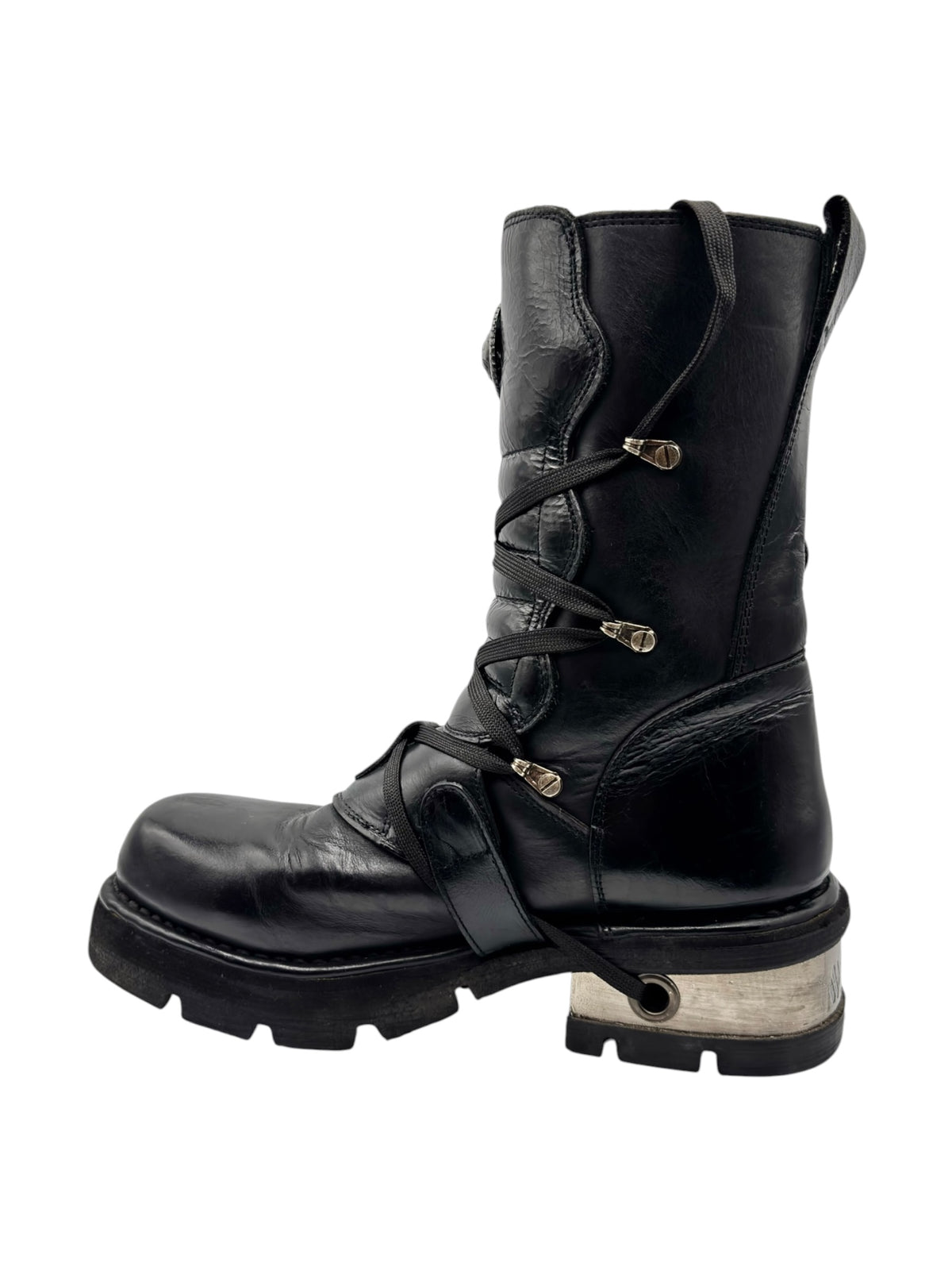 Black New Rock style lace-up boots with side zipper and buckle straps