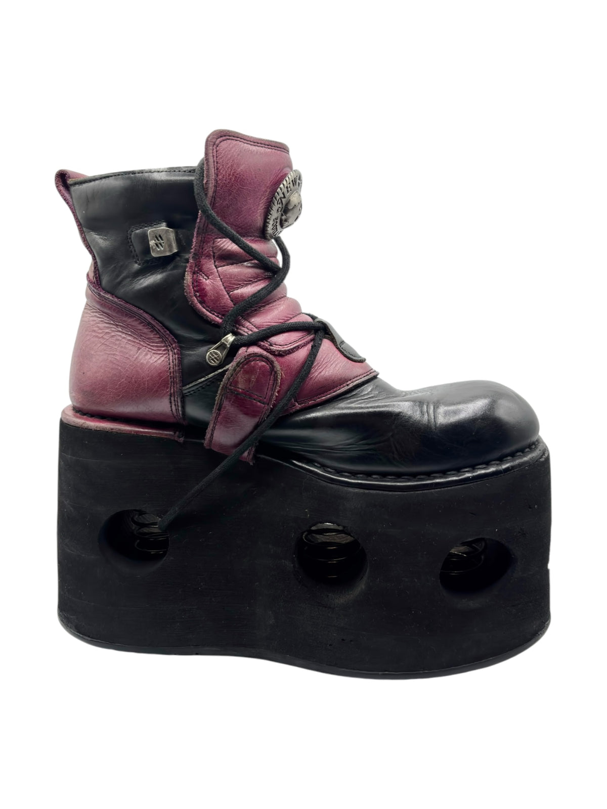 Burgundy and black platform boots with buckles and studded thick sole