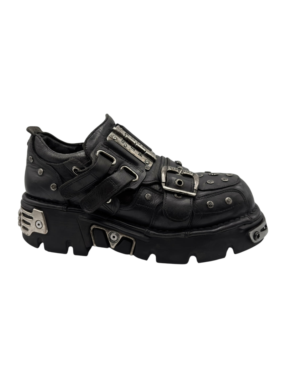 Black New Rock platform boots with front buckle, eyelets, and studded accents