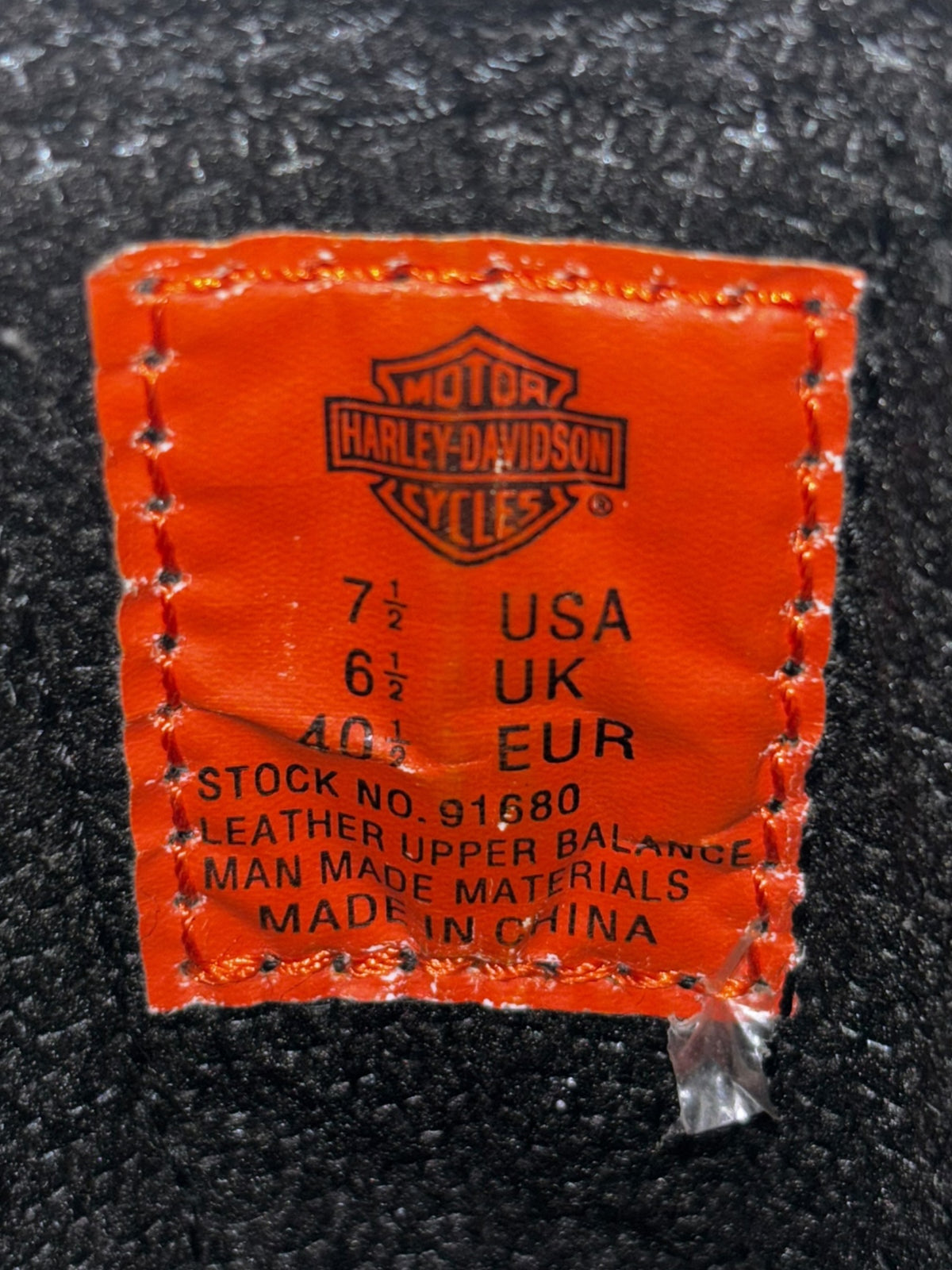 Harley-Davidson leather boot size label patch with USA, UK, EUR and stock info