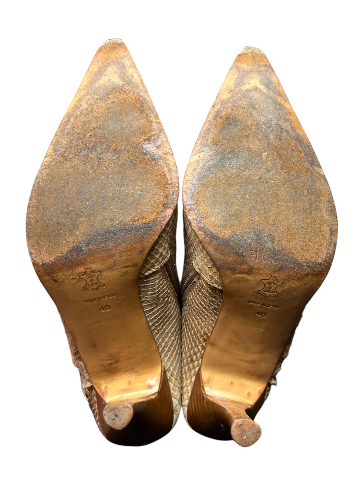 Beige snake-pattern leather ankle boots with pointed toe and block heel