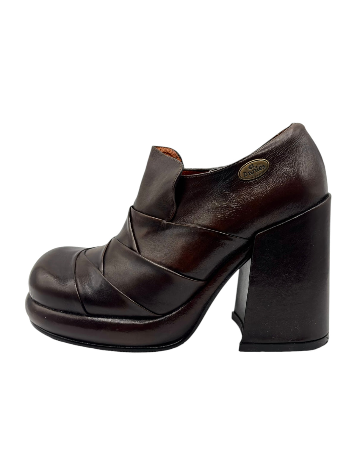Dark brown leather heeled shoes with rounded toe and chunky block heel