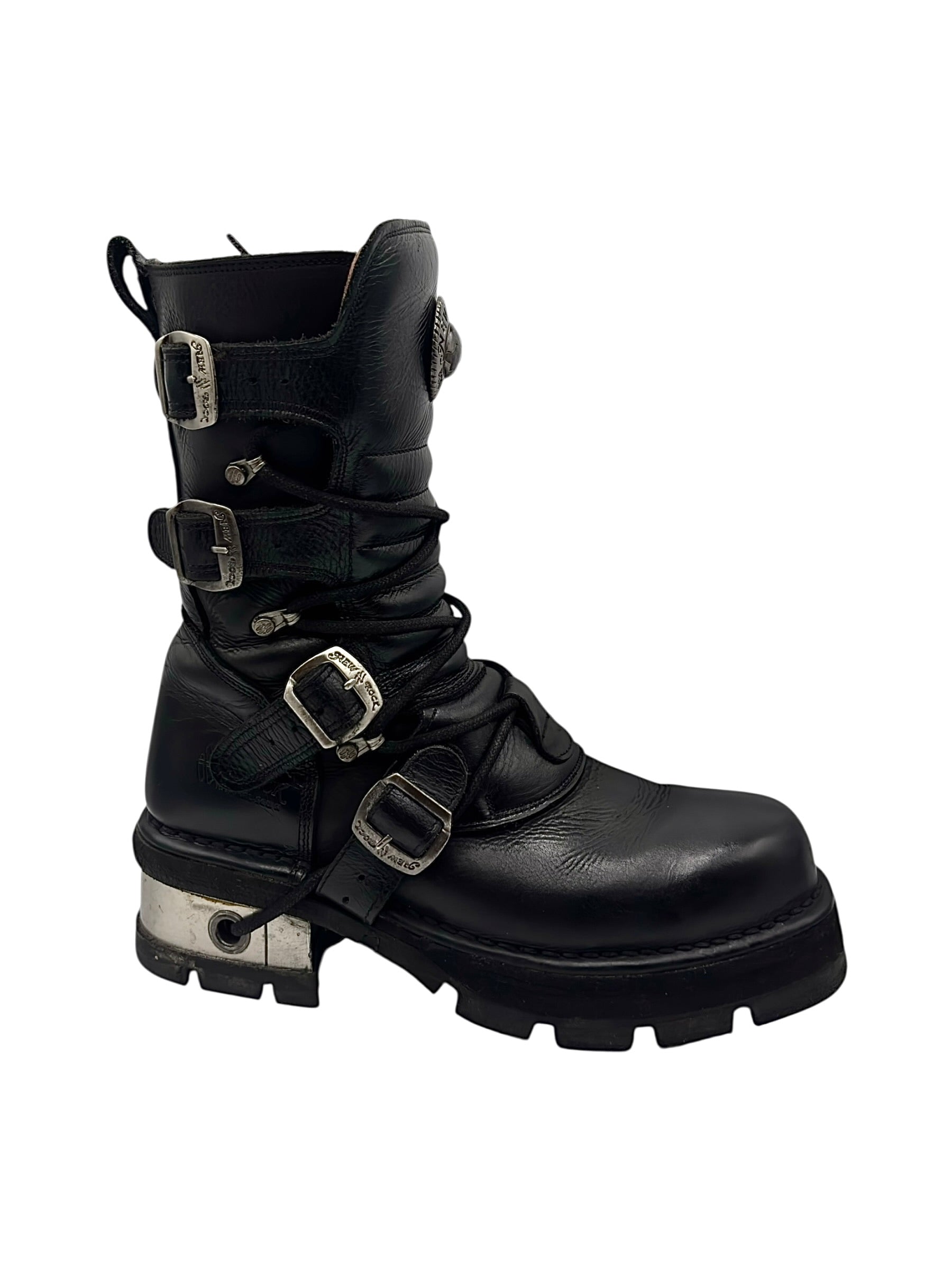 Vintage New Rock buckled raised-heel mid-calf leather boots size 42