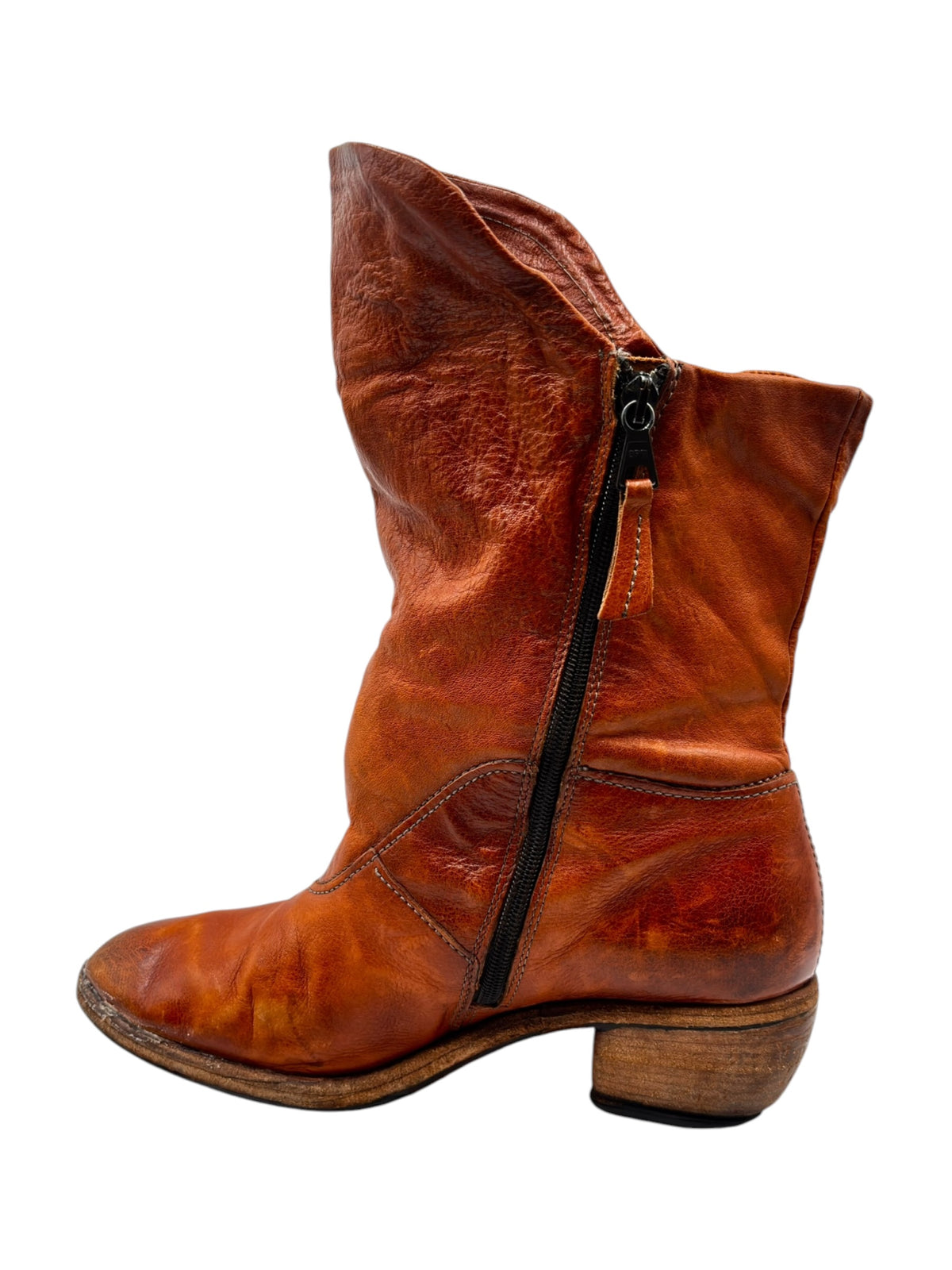 Worn leather mid-calf boots with front zipper and low block heel
