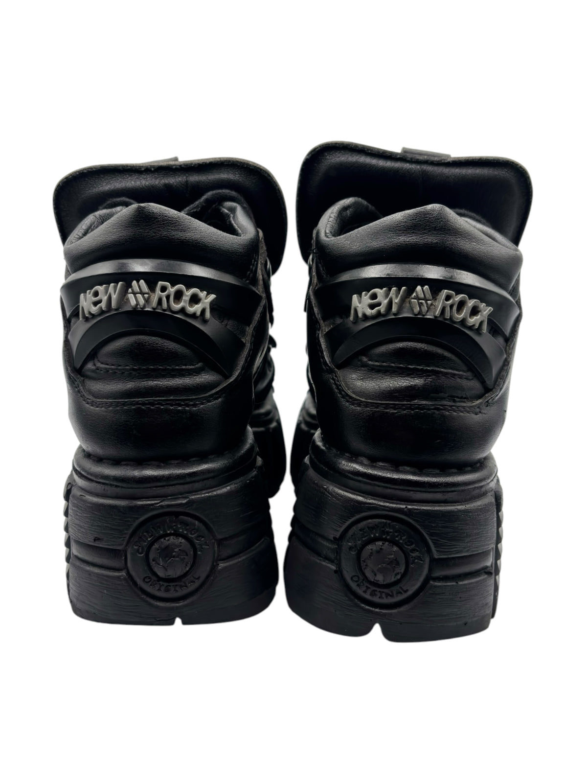 New Rock platform boots heel view with brand text on back straps