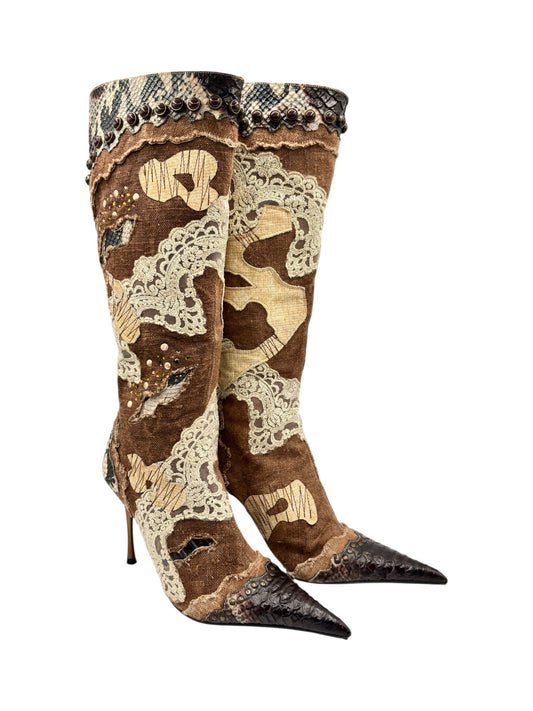 Knee-high patterned boots in brown and tan with white lace trim, pointed toe, stiletto heel